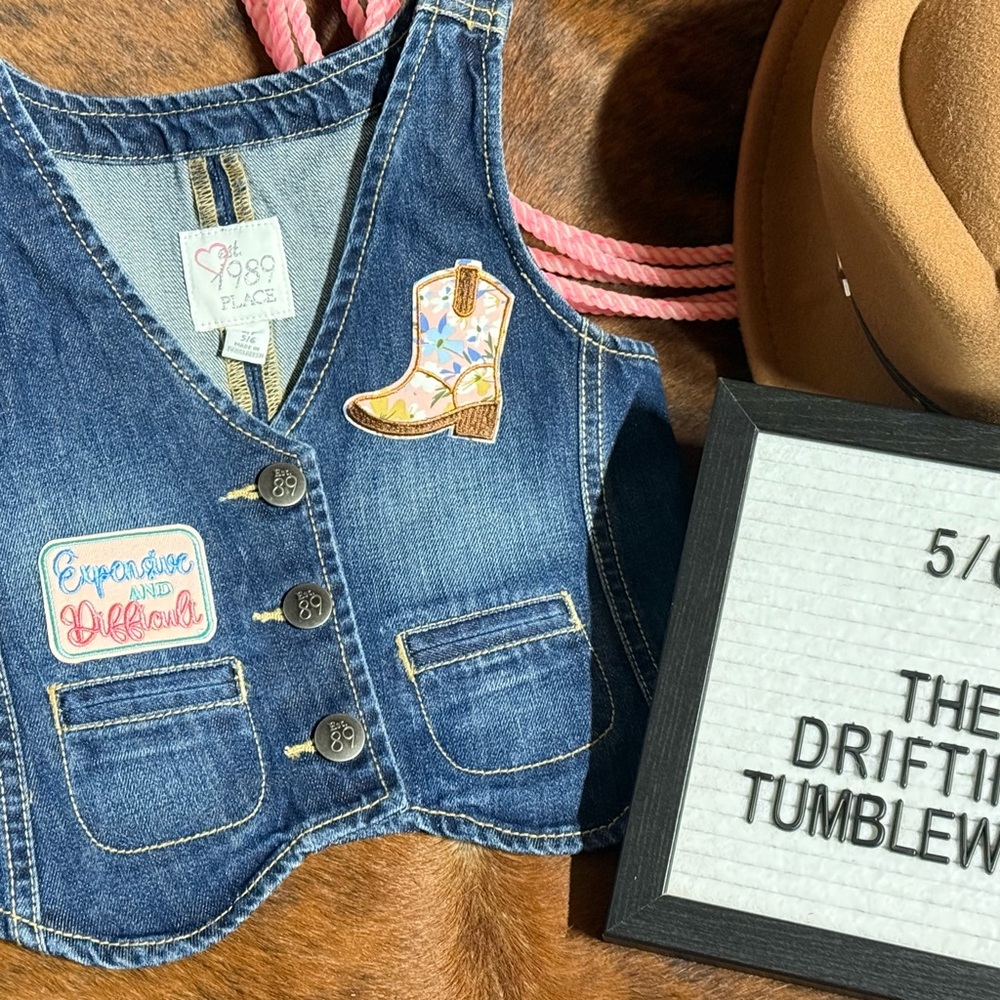 Upcycled Blue Denim Vest with Western Themed Patches